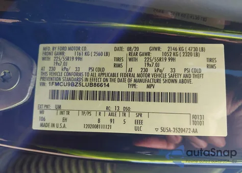 2020 Ford Escape Se Sport Hybrid from USA, damaged, VIN 1FMCU9BZ5LUB86614